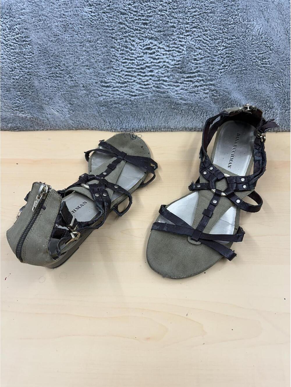 Dana Buchman Y2K Gladiator Wedge Sandals Green Brown Strappy Asymmetric Festival